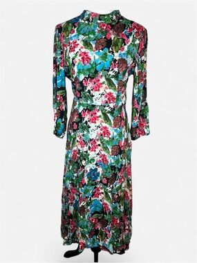 Zara Watercolor Floral Open Back Tie Midi Dress Mock Neck Blogger Favorite M